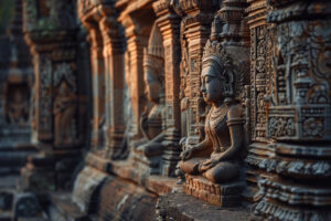 statues of buddha in angkor wat temple, cambodia background